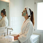 Clay Mask for Pores in a white jar beside a woman wearing a green clay mask and white robe
