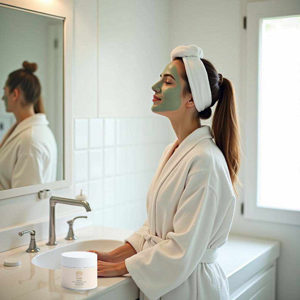 Clay Mask for Pores in a white jar beside a woman wearing a green clay mask and white robe