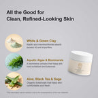 Clay Mask for Pores in a white cosmetic jar, shown with ingredient highlights for white and green clay, algae, aloe and sage