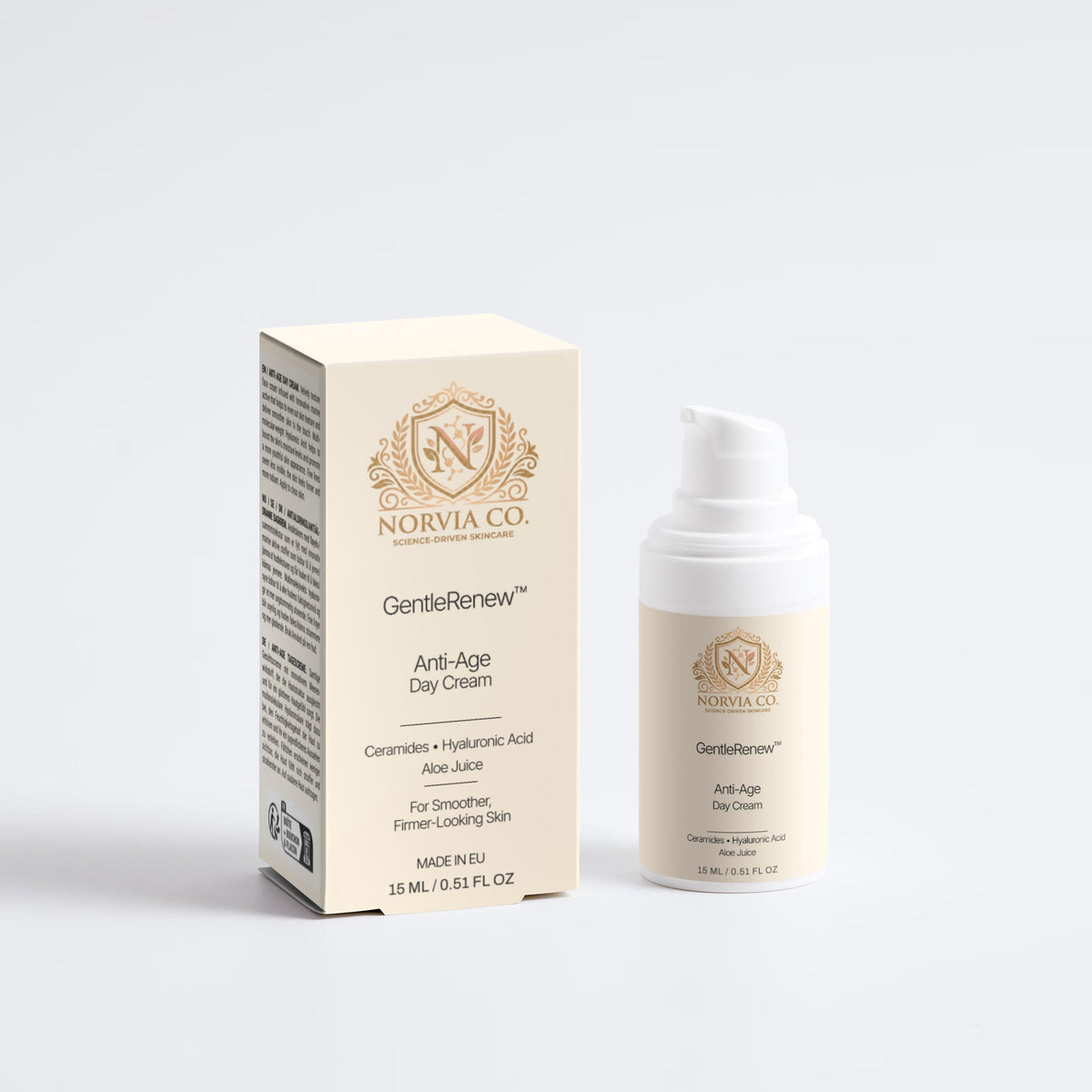 Norvina Co. skincare product and packaging on a light gray background