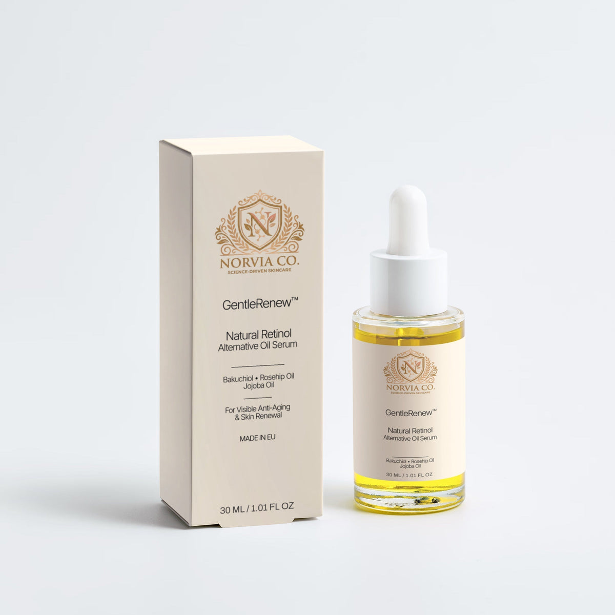 Skincare serum bottle with dropper and box on a light gray background