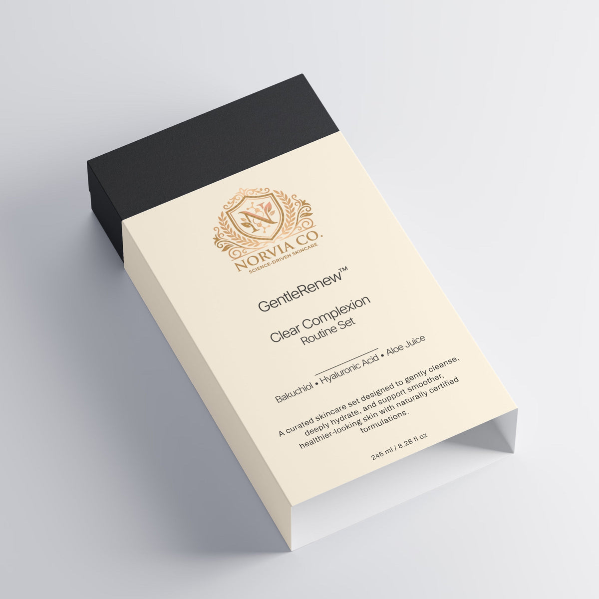 Cosmetic product packaging with 'Nordia Co' branding on a light gray background