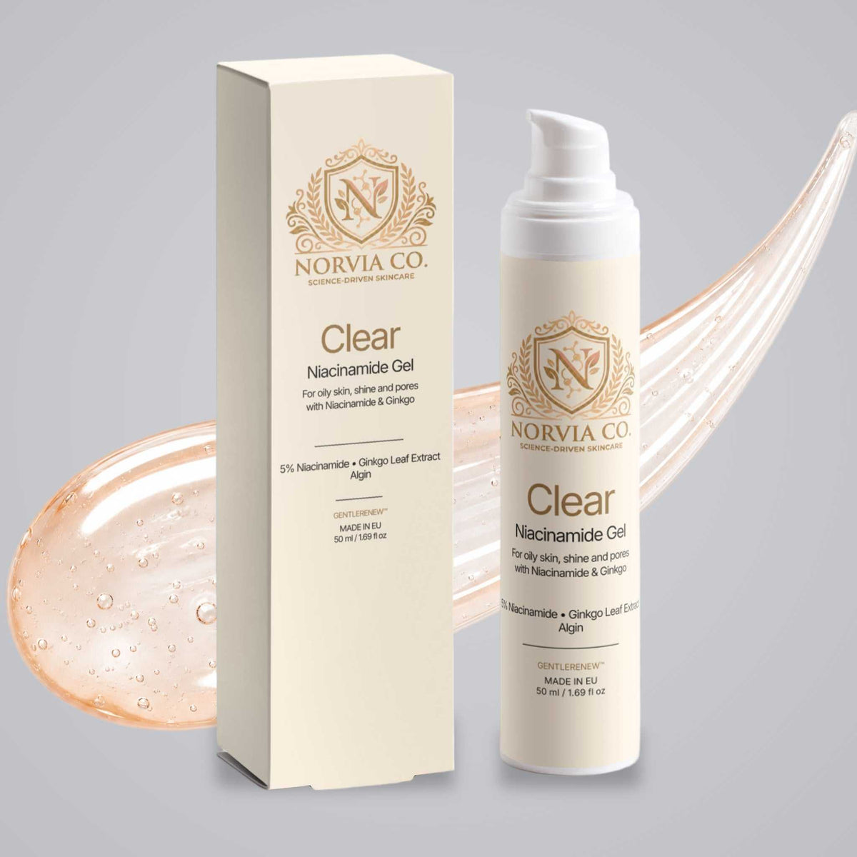 Norvia Co. Clear Niacinamide Gel, a niacinamide moisturizer, bottle and box with gel texture