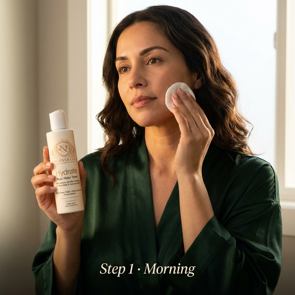 Morning routine step 1: Hydrate Rose Water Toner on a cotton pad