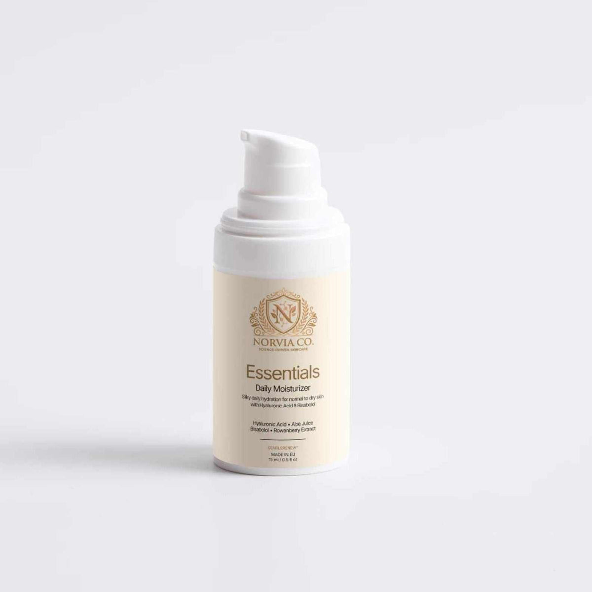 Daily Moisturizer for Dry Skin in a cream-colored bottle with a white pump and gold-toned label
