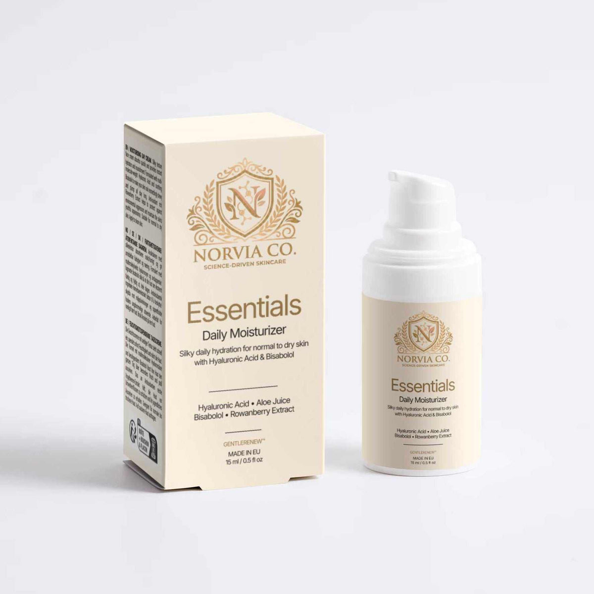 Daily Moisturizer for Dry Skin in a cream-colored bottle with a white pump and matching box, featuring gold branding.