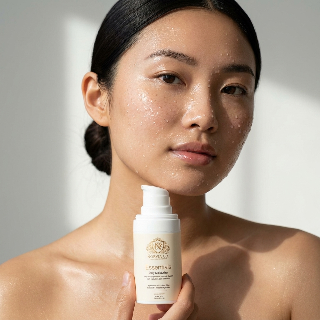 Daily Moisturizer for Dry Skin in a white pump bottle with a cream-and-gold label, held beside dewy skin