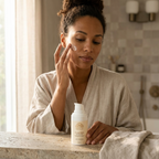 Daily Moisturizer for Dry Skin in a white pump bottle, applied to the cheek by a woman wearing a beige robe