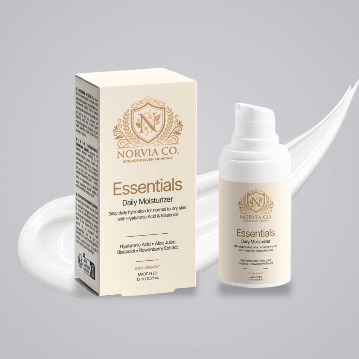 Daily Moisturizer for Dry Skin in a white pump bottle with a cream-and-gold box, featuring Essentials branding