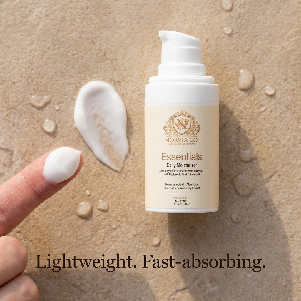 Daily Moisturizer for Dry Skin in a white pump bottle with a cream and gold label, shown with a silky white cream texture
