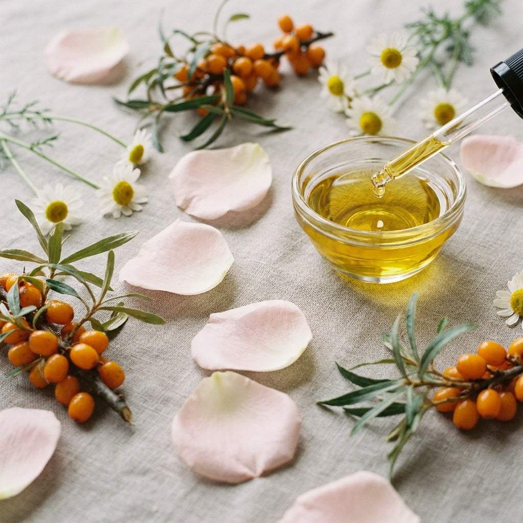 Botanical still life with rose petals, sea buckthorn berries, chamomile and golden oil