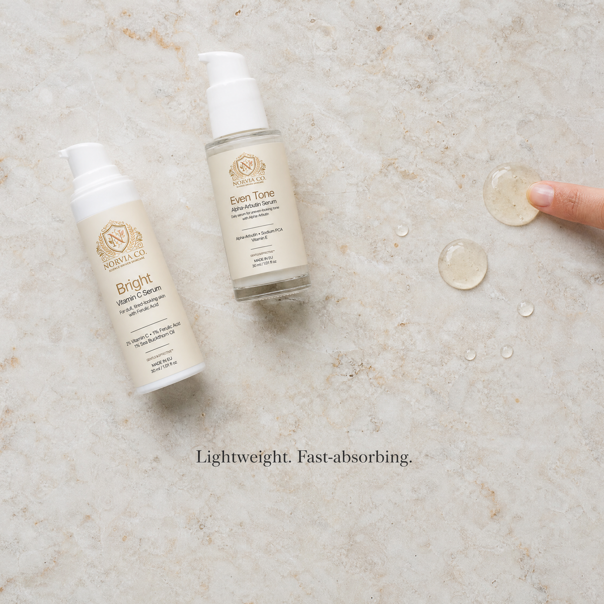 Lightweight serum texture of the Norvia Co. Even Tone Routine Set