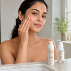 Woman applying serum from the Norvia Co. Even Tone Routine Set