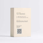 Even Tone Routine Set skincare box in pale cream cardboard, printed with a two-step serum routine and QR code.