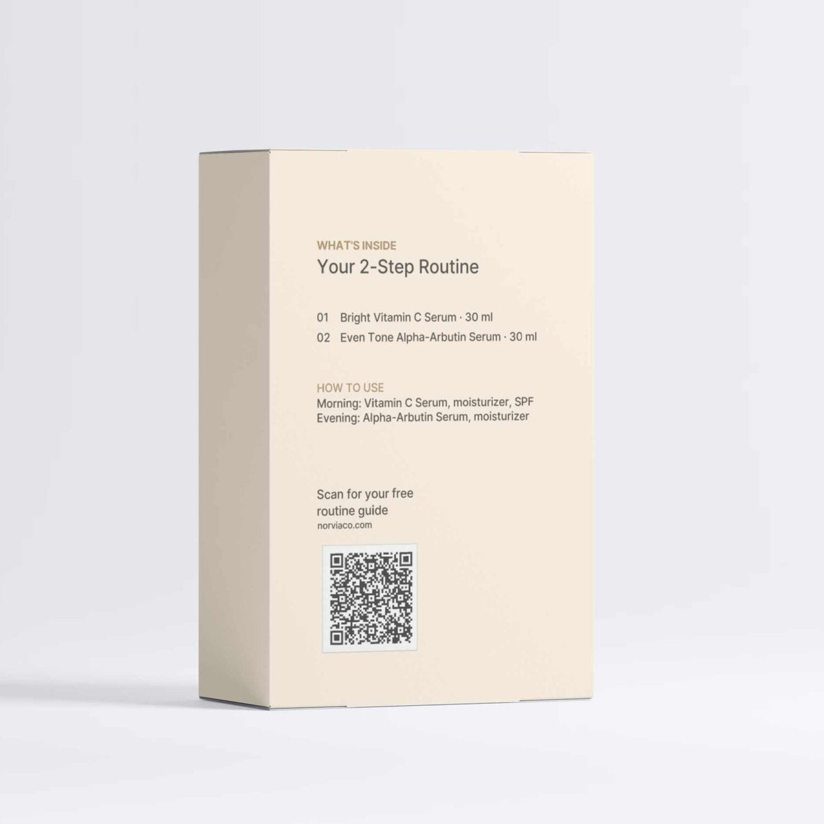 Even Tone Routine Set skincare box in pale cream cardboard, printed with a two-step serum routine and QR code.