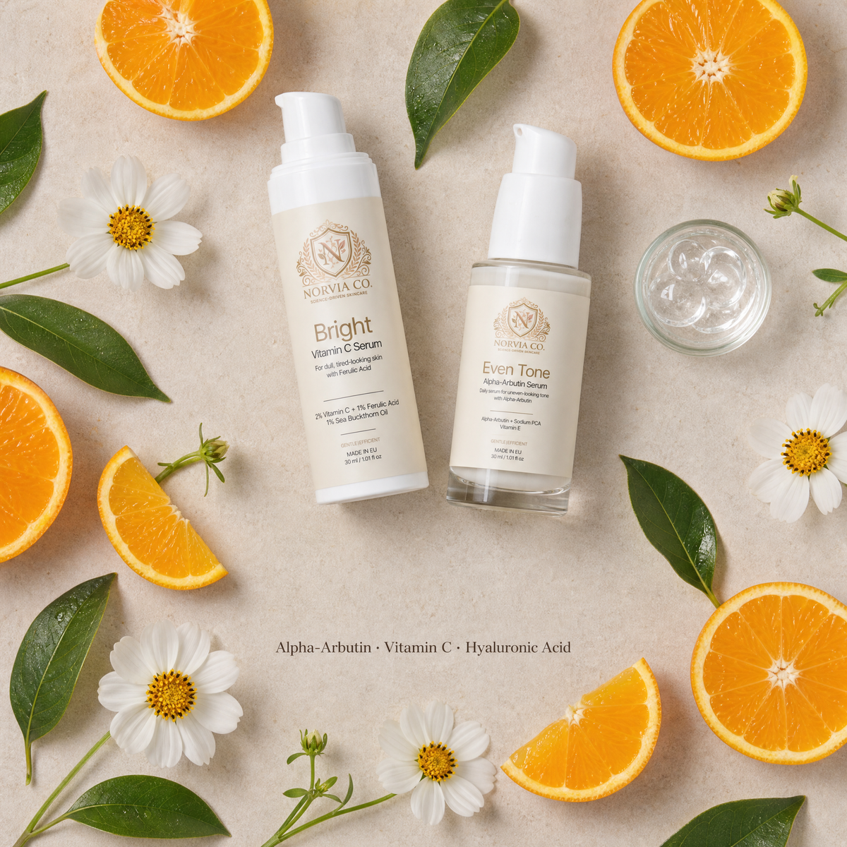 Norvia Co. Even Tone Routine Set with orange, bidens and hyaluronic gel ingredients