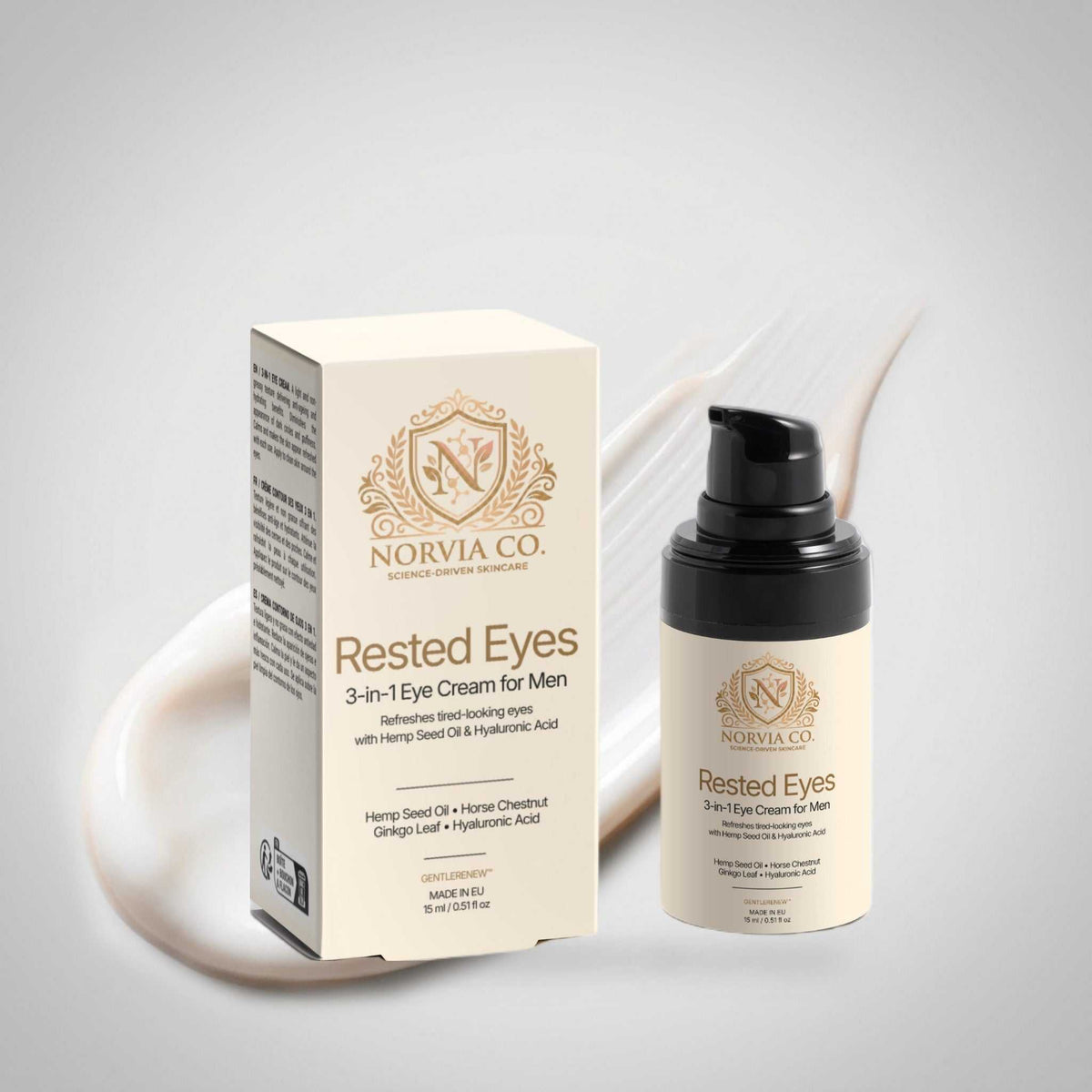 Eye Cream for Men in a cream-colored 3-in-1 pump bottle with matching box and gold Norvia branding