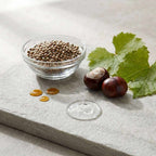 Eye Cream for Men ingredients with hemp seeds, glossy brown horse chestnuts, green leaves, and clear gel