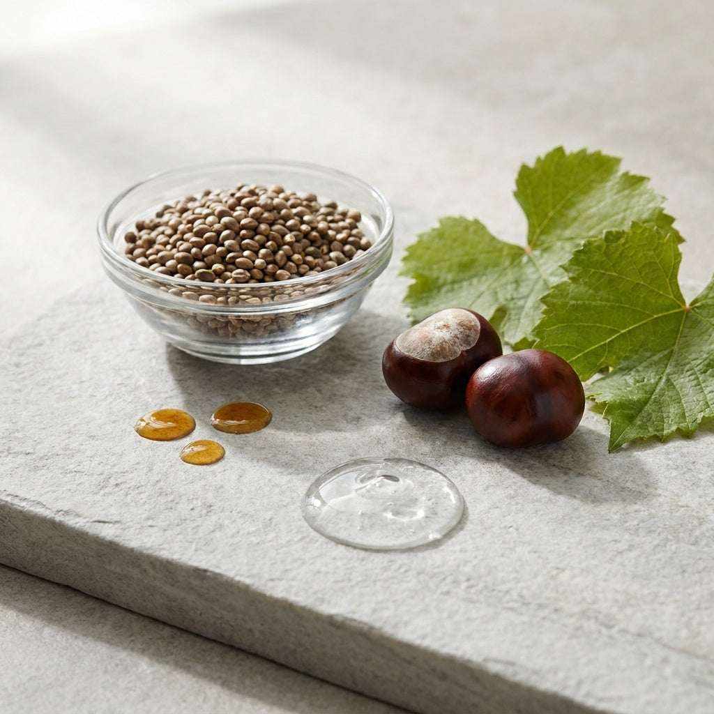 Eye Cream for Men ingredients with hemp seeds, glossy brown horse chestnuts, green leaves, and clear gel