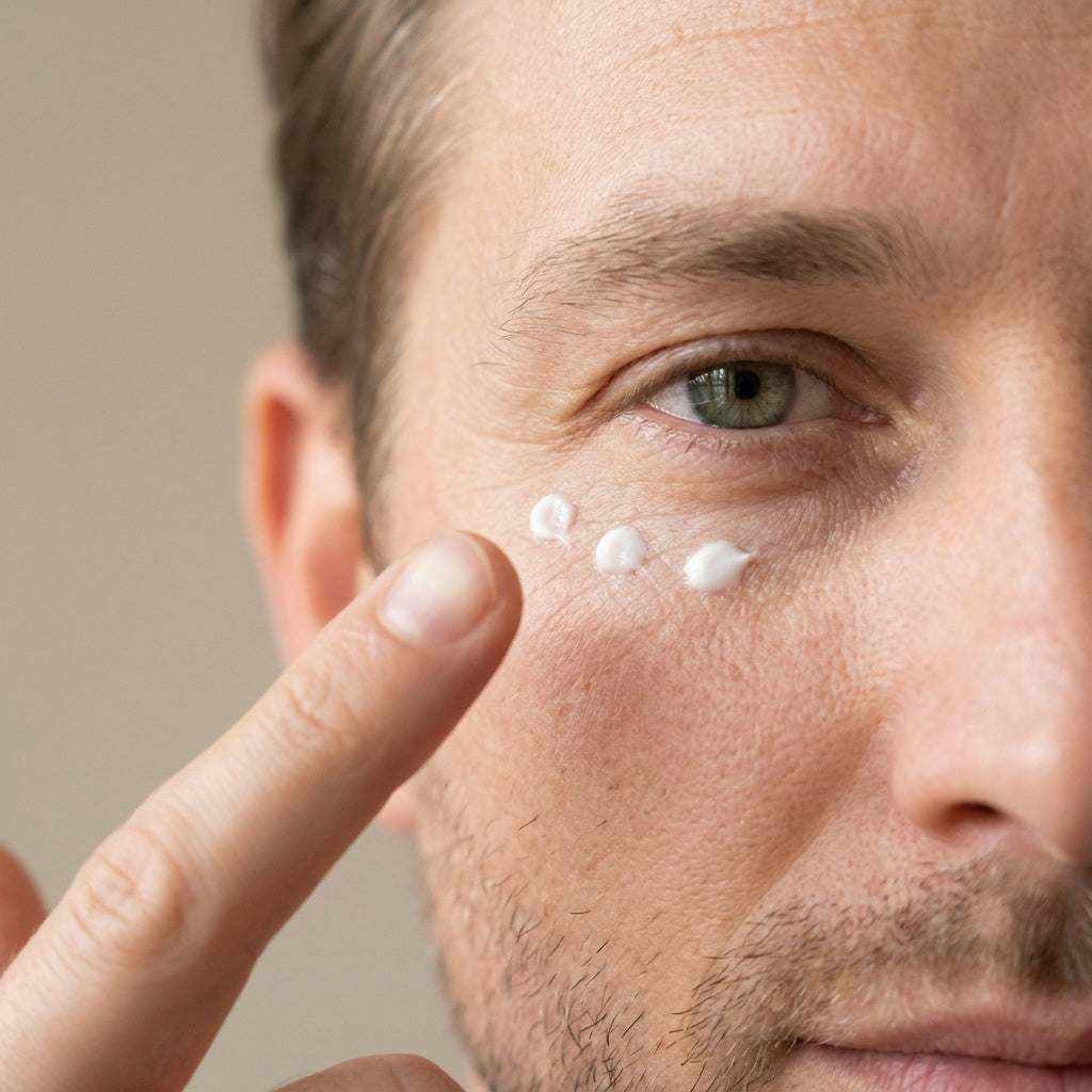 Eye Cream for Men shown as white cream dots beneath a man's eye, gently patted onto the skin with a fingertip