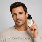 Eye Cream for Men in a white pump bottle with a black dispenser, held beside a man's face