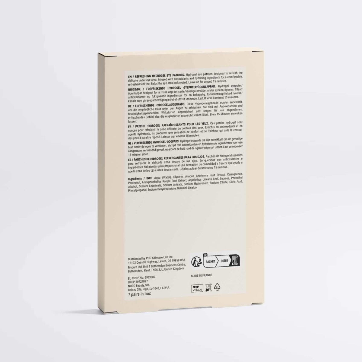 Eye Patches for Dark Circles in a pale beige rectangular carton, shown from the back with multilingual product text