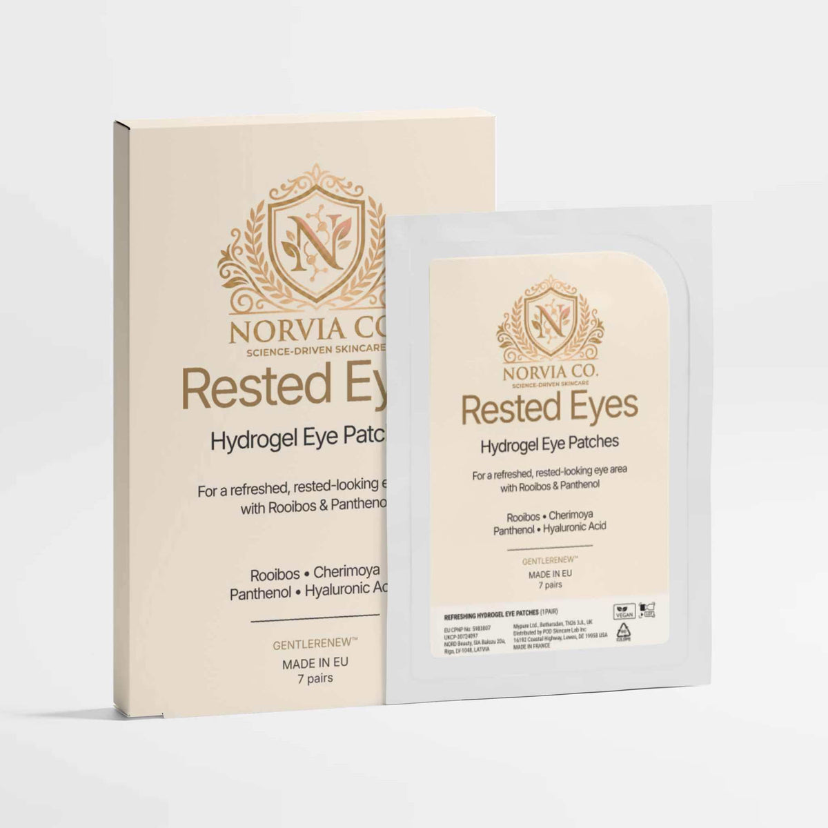 Eye Patches for Dark Circles in a white sachet with a beige and gold Rested Eyes carton, showing hydrogel patches
