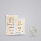 Eye Patches for Dark Circles in pale cream hydrogel, shown beside their Rested Eyes box and individual sachet