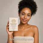 Eye Patches for Dark Circles in translucent hydrogel worn under both eyes, with a beige Rested Eyes package held beside the face