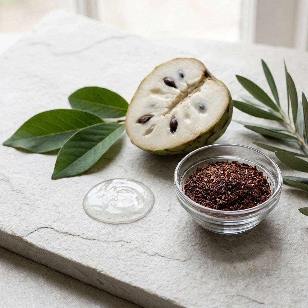 Eye Patches for Dark Circles with a clear hydrogel patch, rooibos leaves and a sliced cherimoya fruit