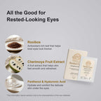 Eye Patches for Dark Circles in cream and white Rested Eyes packaging, with rooibos, cherimoya, panthenol and hyaluronic acid