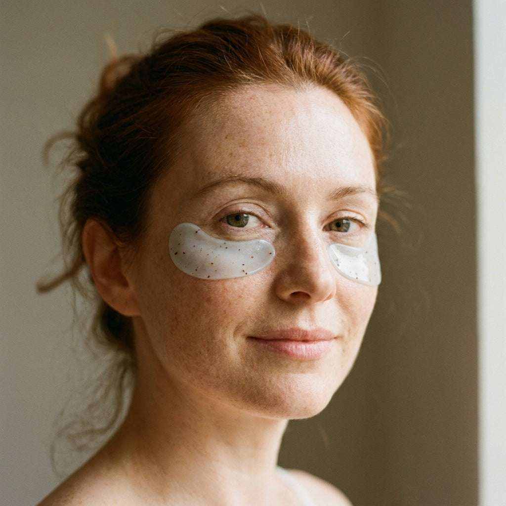 Eye Patches for Dark Circles, translucent white hydrogel under-eye patches with small dark speckles worn beneath both eyes