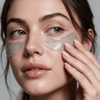 Eye Patches for Dark Circles, translucent grey hydrogel patches with dark speckles worn beneath both eyes