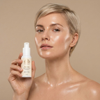 Eye Serum for Fine Lines in a cream-colored pump bottle, held beside a woman's face with short blonde hair