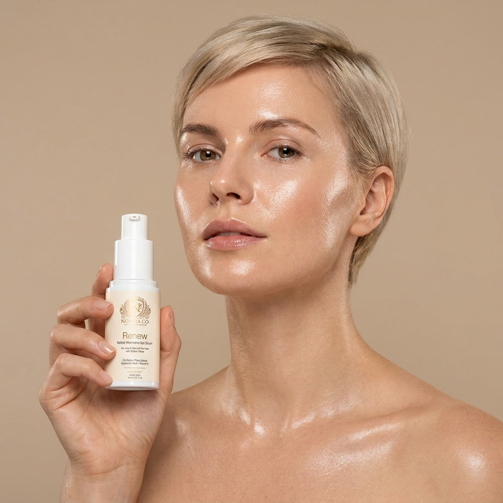 Eye Serum for Fine Lines in a cream-colored pump bottle, held beside a woman's face with short blonde hair