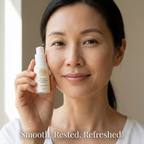 Eye Serum for Fine Lines in a white pump bottle with a beige label, held beside a woman's face