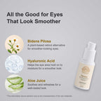 Eye Serum for Fine Lines in a white pump bottle with a cream label, shown with Bidens pilosa, hyaluronic acid and aloe juice