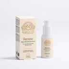 Eye Serum for Fine Lines in a white pump bottle beside cream packaging with gold lettering and Renew branding