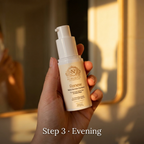 Eye Serum for Fine Lines in a white pump bottle with a cream label, gold text and ornate brand emblem.