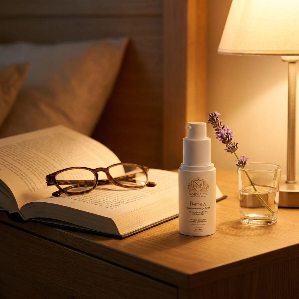 Eye Serum for Fine Lines in a white pump bottle with a minimalist cream label and Renew branding