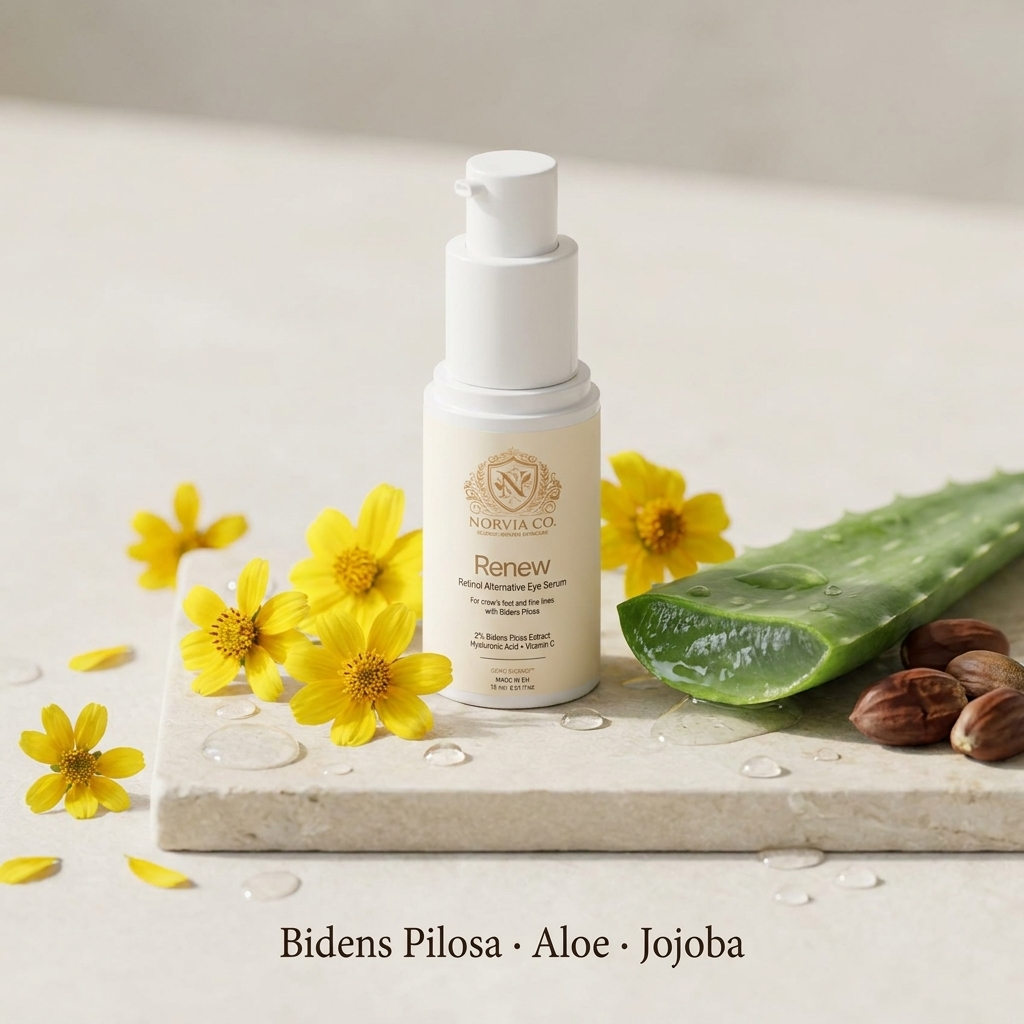 Eye Serum for Fine Lines in a white pump bottle with a cream label, shown with yellow Bidens pilosa flowers, aloe, and jojoba seeds
