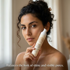 Woman holding Norvia Co. Clear Niacinamide Gel, balances the look of shine and visible pores