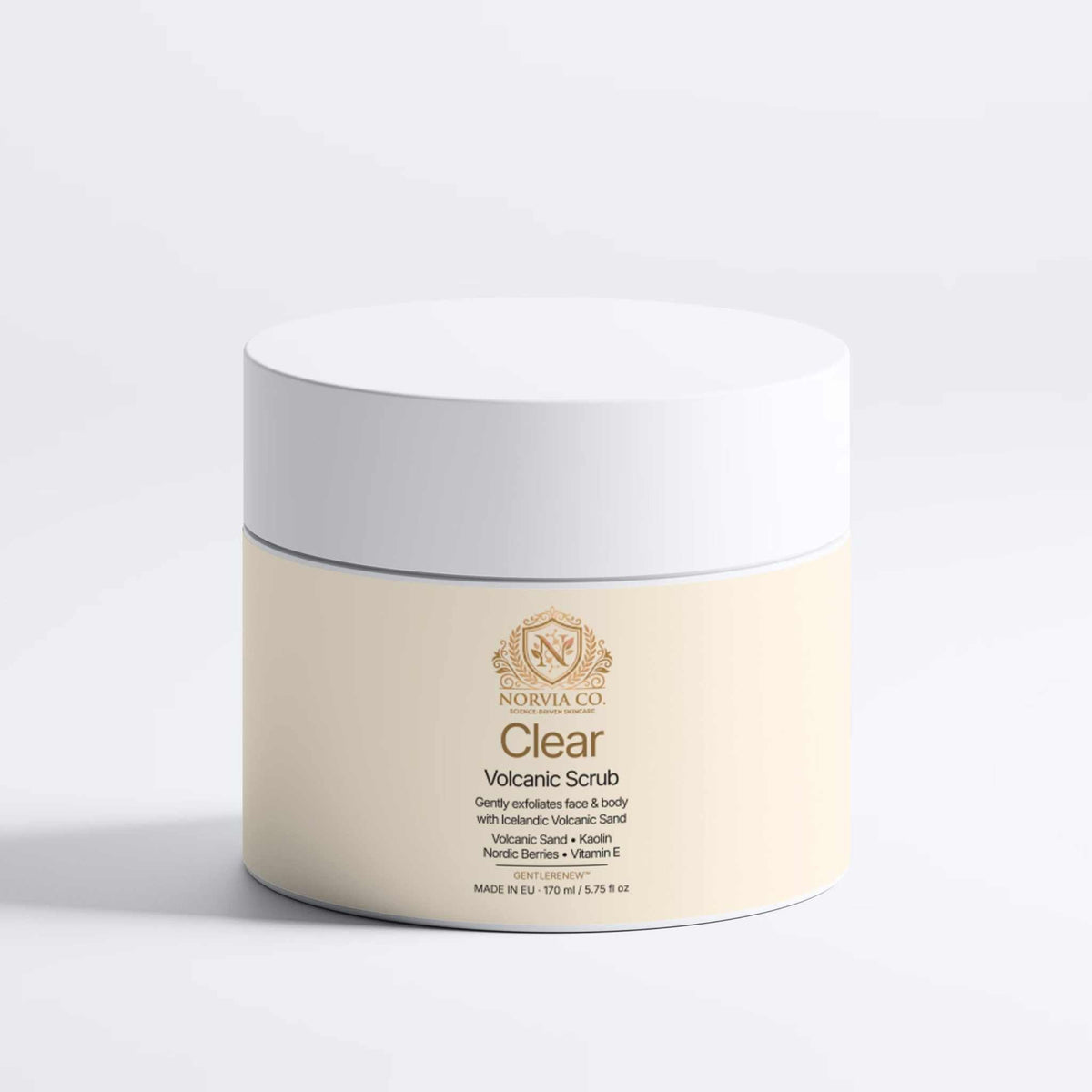 Face and Body Scrub in a pale cream jar with a white screw-top lid and gold Clear Volcanic Scrub label