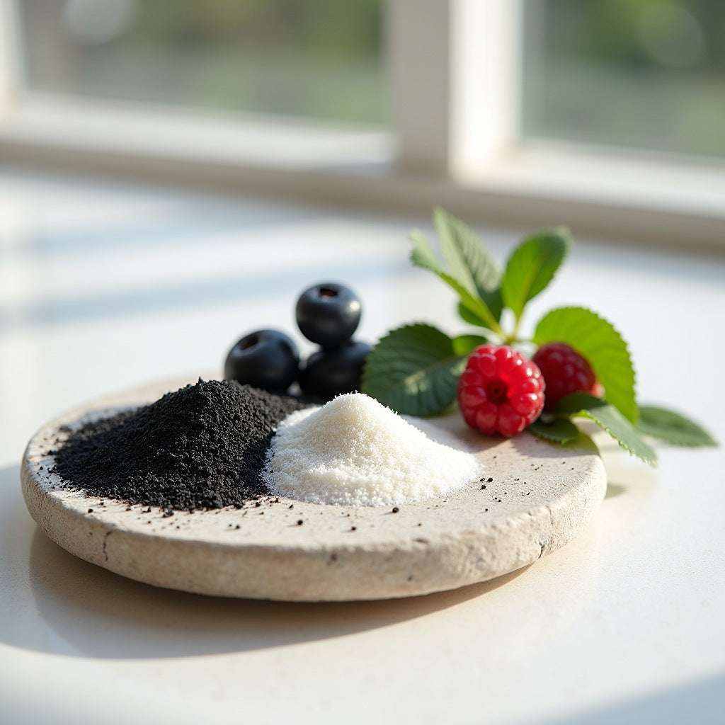 Face and Body Scrub shown as dark volcanic sand and white powder beside blueberries, a raspberry and green leaves