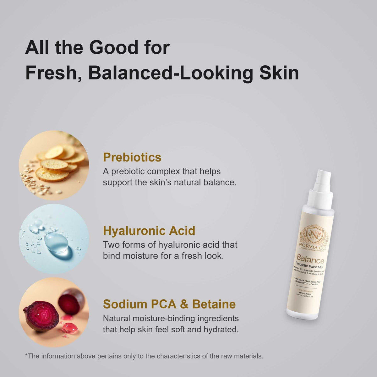 Facial Mist for Dry Skin shown as a white Balance Prebiotic Face Mist bottle with a fine spray nozzle and beige label