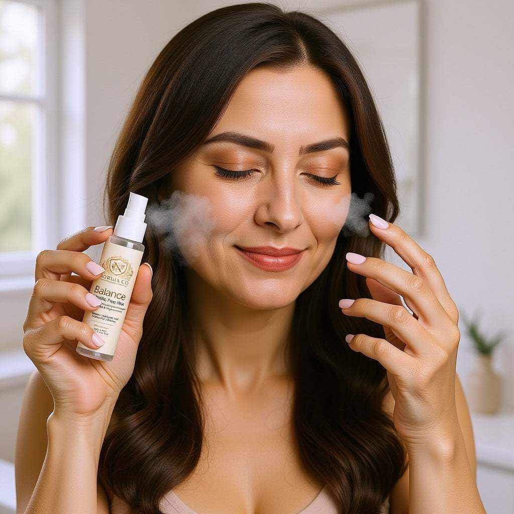 Facial Mist for Dry Skin in a white spray bottle with a beige label, held beside a woman's face as she mists it