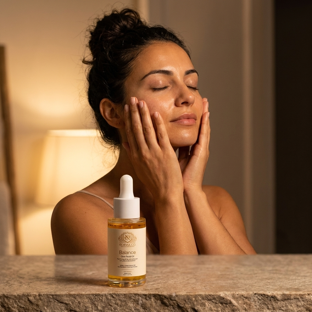 Woman massaging Norvia Co. Balance Glow Facial Oil into her skin