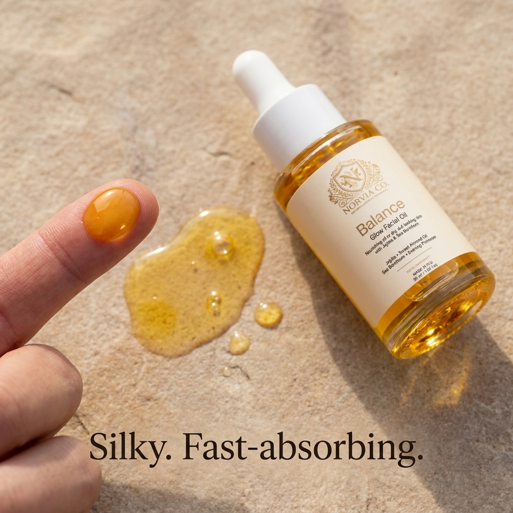 Silky, fast-absorbing texture of Norvia Co. Balance Glow Facial Oil