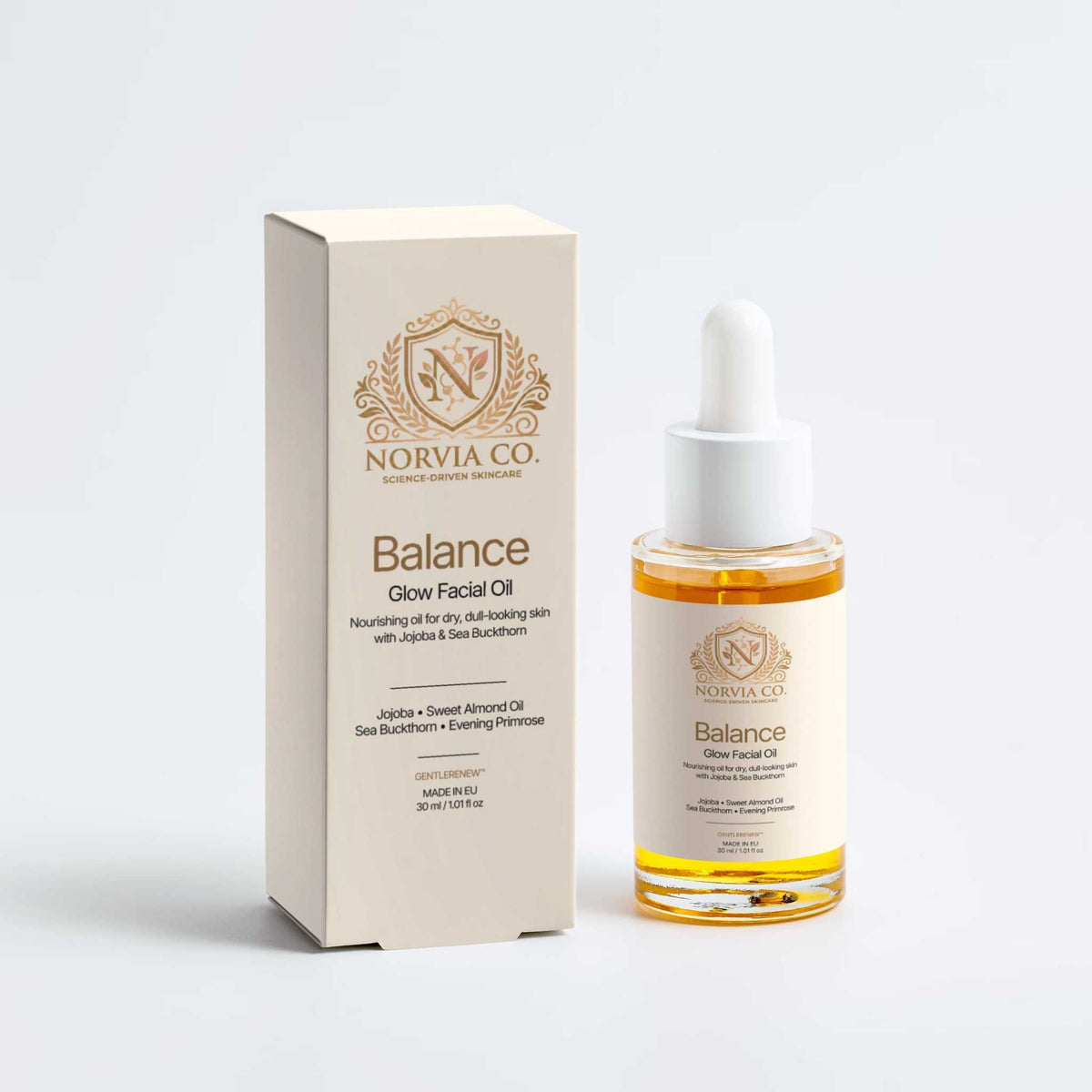 A bottle of Norvia Co. Balance Glow Facial Oil next to its cream-colored packaging box, set against a clean white background.