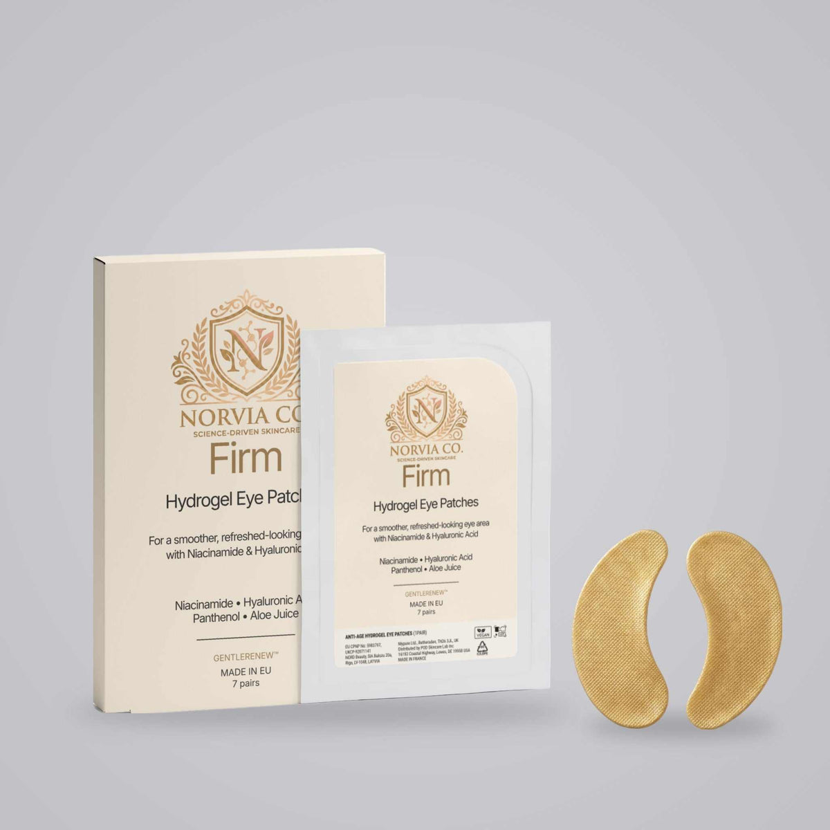 Norvia Co. Firm Hydrogel Eye Patches box, pouch and gold patches